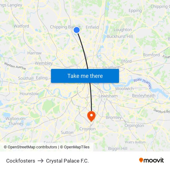 Cockfosters to Crystal Palace F.C. map