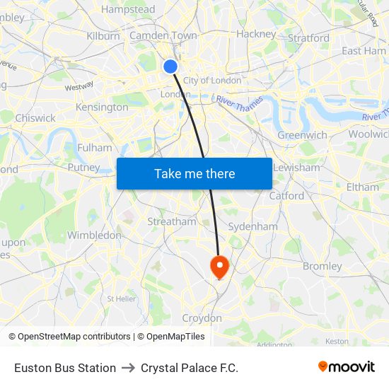 Euston Bus Station to Crystal Palace F.C. map