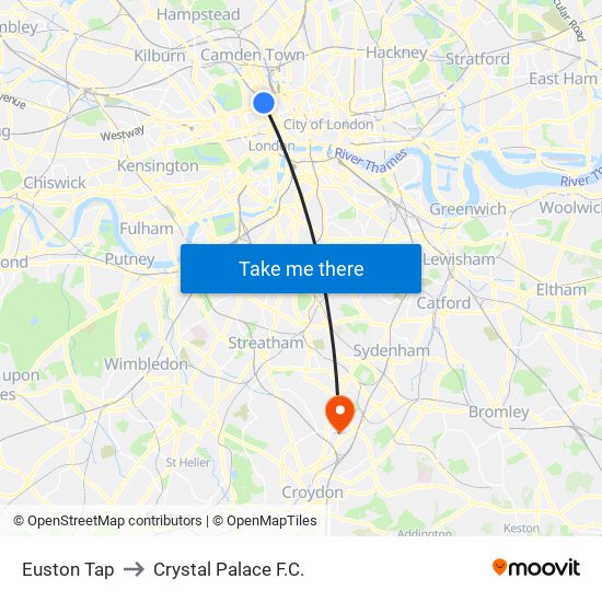 Euston Tap to Crystal Palace F.C. map