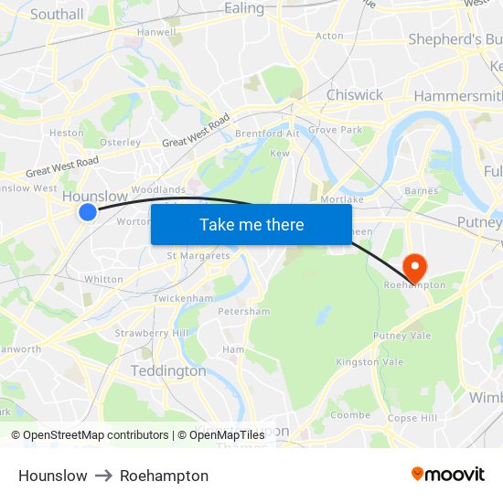 Hounslow to Roehampton map