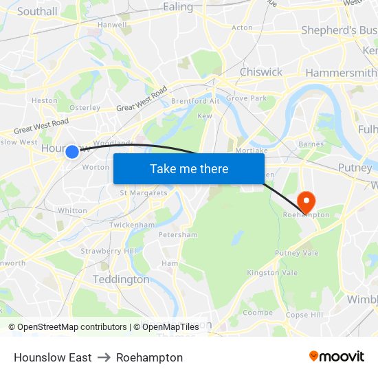 Hounslow East to Roehampton map