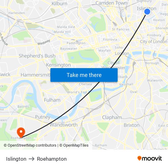 Islington to Roehampton map