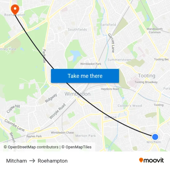 Mitcham to Roehampton map