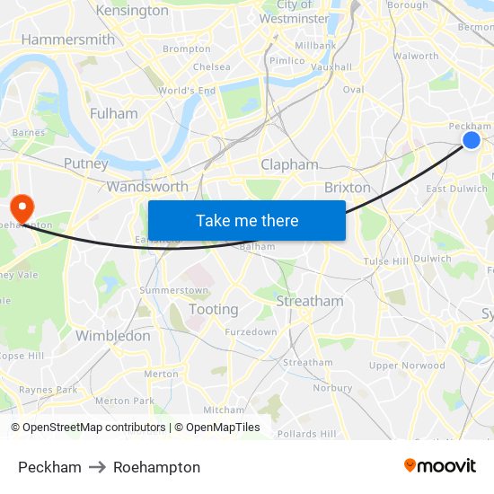 Peckham to Roehampton map