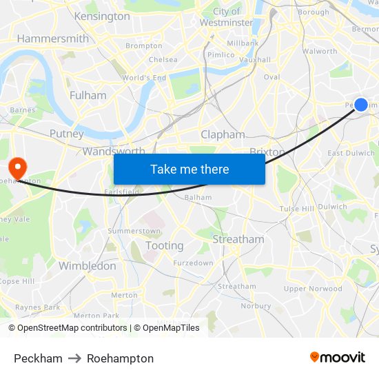 Peckham to Roehampton map