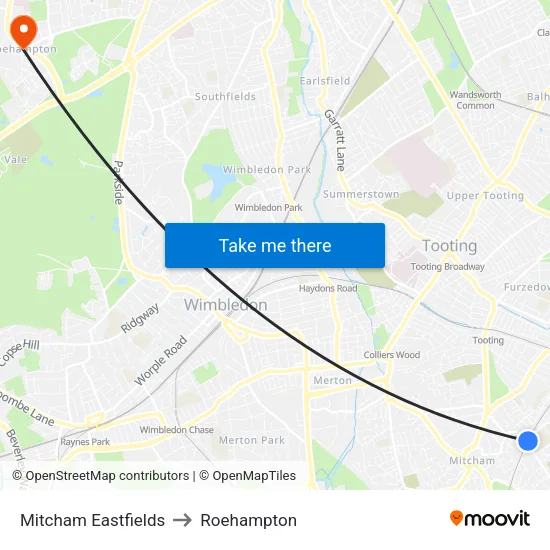 Mitcham Eastfields to Roehampton map