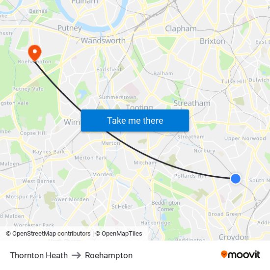 Thornton Heath to Roehampton map