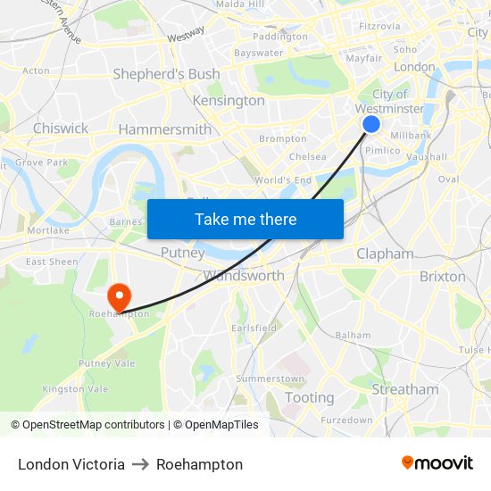 London Victoria to Roehampton map