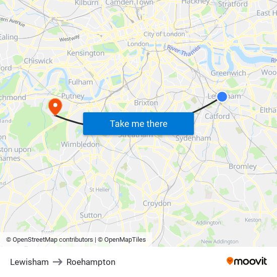 Lewisham to Roehampton map