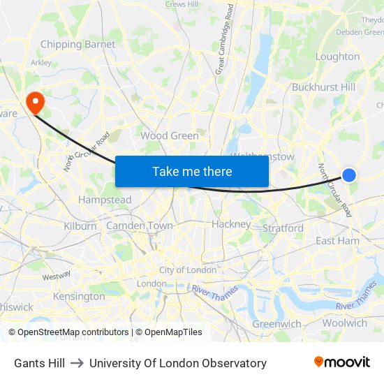Gants Hill to University Of London Observatory map