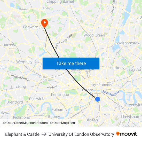 Elephant & Castle to University Of London Observatory map