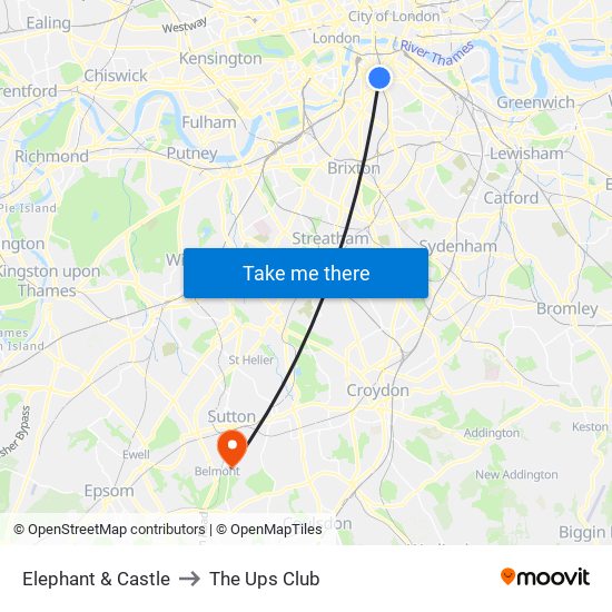 Elephant & Castle to The Ups Club map