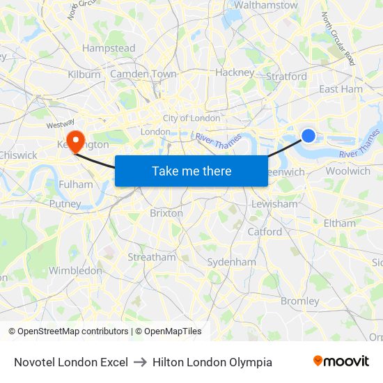 Novotel London Excel to Hilton London Olympia map