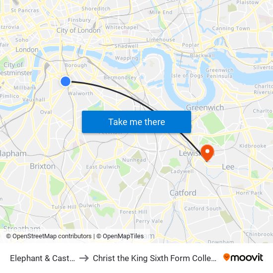 Elephant & Castle to Christ the King Sixth Form College map