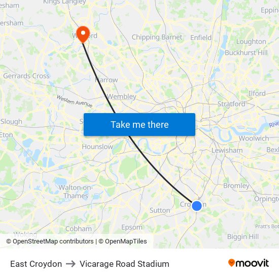 East Croydon to Vicarage Road Stadium map