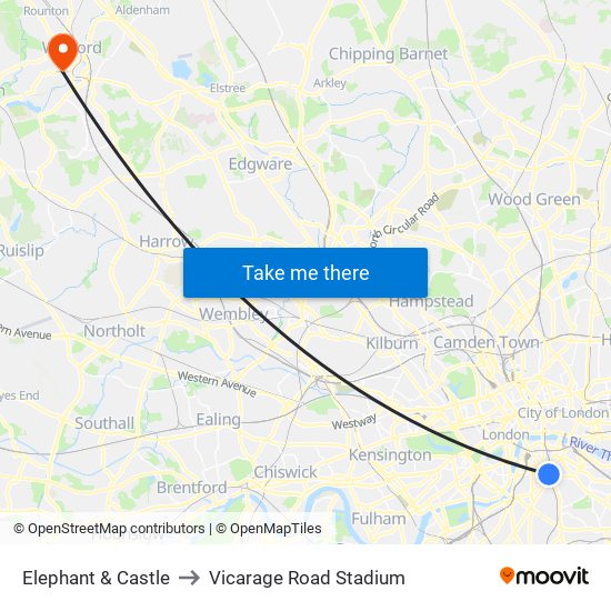 Elephant & Castle to Vicarage Road Stadium map