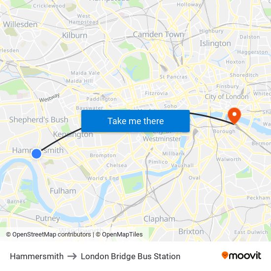 Hammersmith to London Bridge Bus Station map