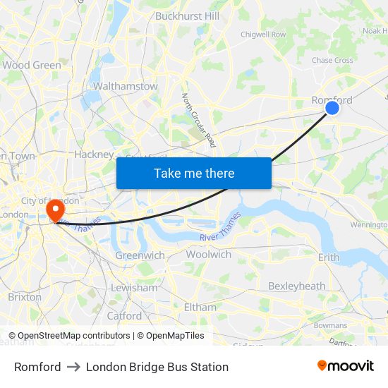 Romford to London Bridge Bus Station map