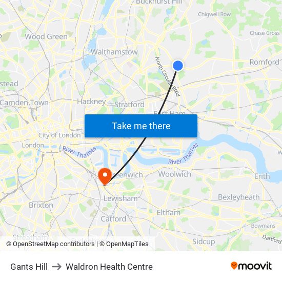 Gants Hill to Waldron Health Centre map