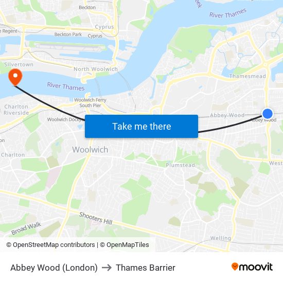 Abbey Wood (London) to Thames Barrier map