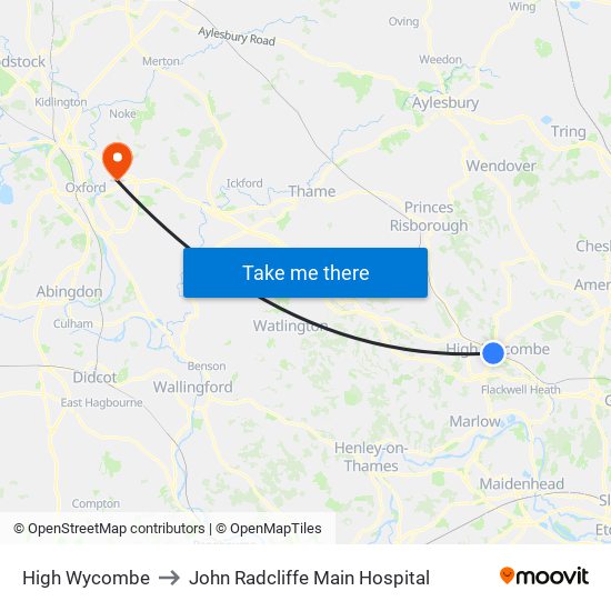 High Wycombe to John Radcliffe Main Hospital map