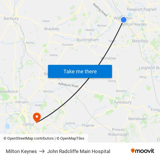 Milton Keynes to John Radcliffe Main Hospital map