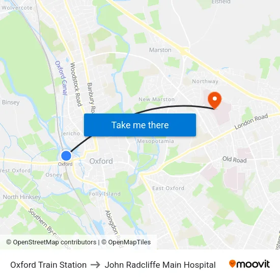 Oxford Train Station to John Radcliffe Main Hospital map