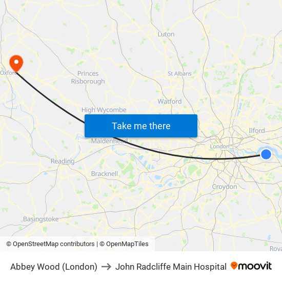 Abbey Wood (London) to John Radcliffe Main Hospital map