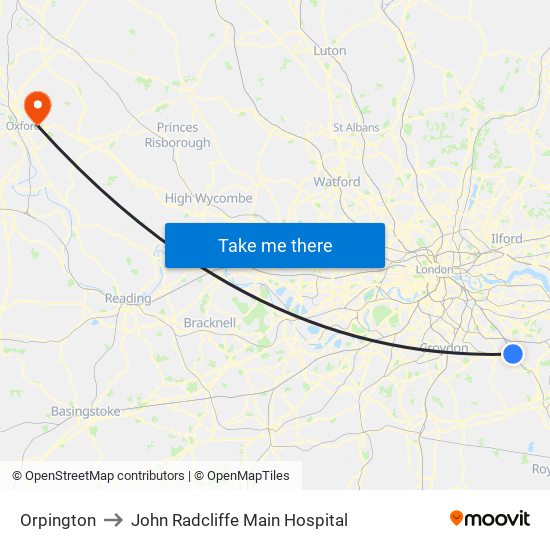 Orpington to John Radcliffe Main Hospital map