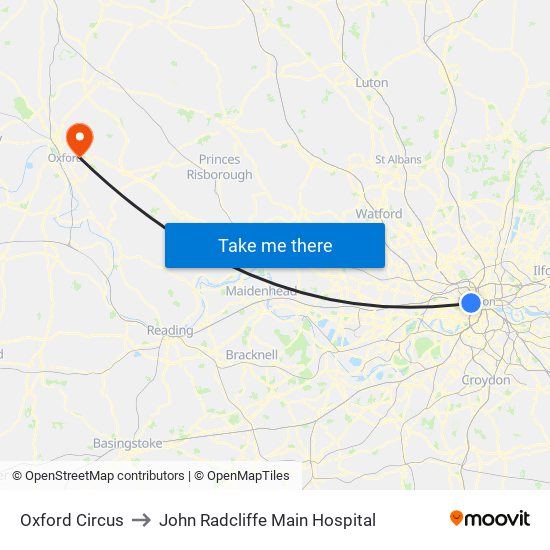 Oxford Circus to John Radcliffe Main Hospital map