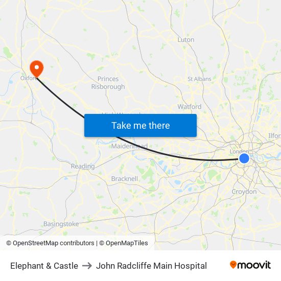 Elephant & Castle to John Radcliffe Main Hospital map