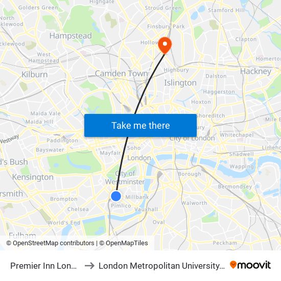 Premier Inn London Victoria to London Metropolitan University, Holloway Campus map