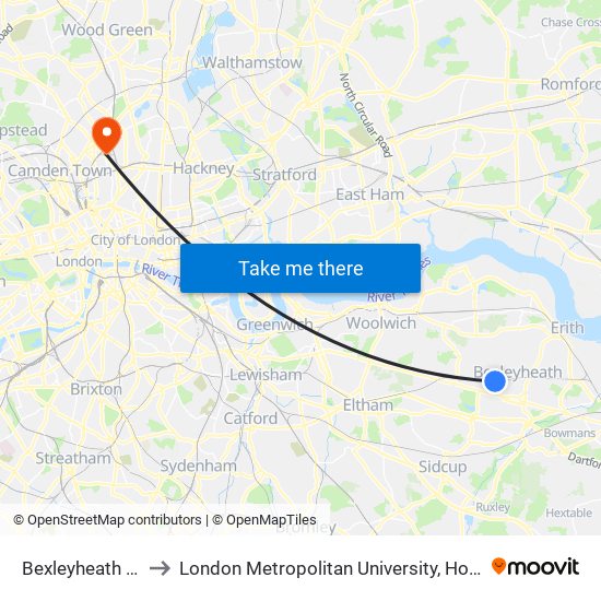 Bexleyheath Station to London Metropolitan University, Holloway Campus map