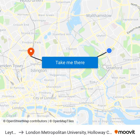 Leyton to London Metropolitan University, Holloway Campus map