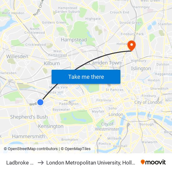 Ladbroke Grove to London Metropolitan University, Holloway Campus map