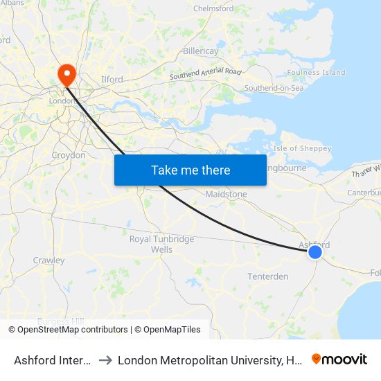 Ashford International to London Metropolitan University, Holloway Campus map