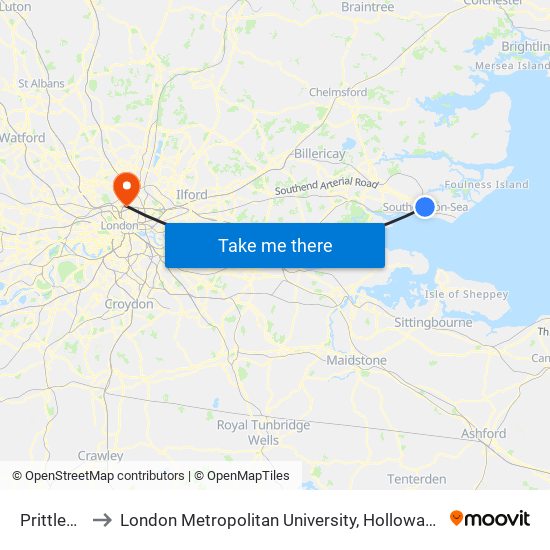 Prittlewell to London Metropolitan University, Holloway Campus map