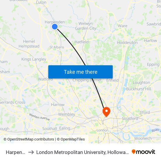 Harpenden to London Metropolitan University, Holloway Campus map