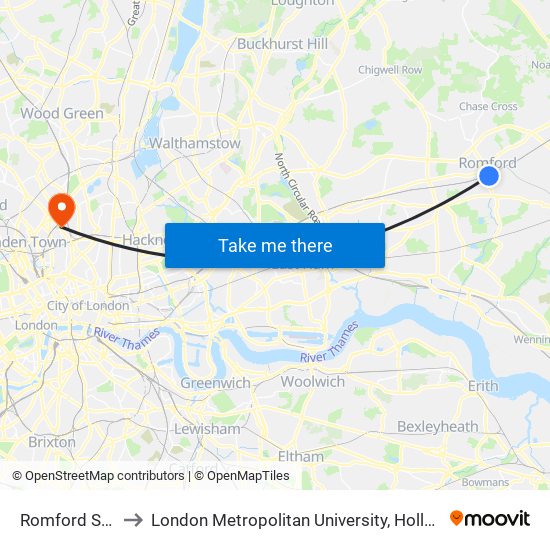 Romford Station to London Metropolitan University, Holloway Campus map