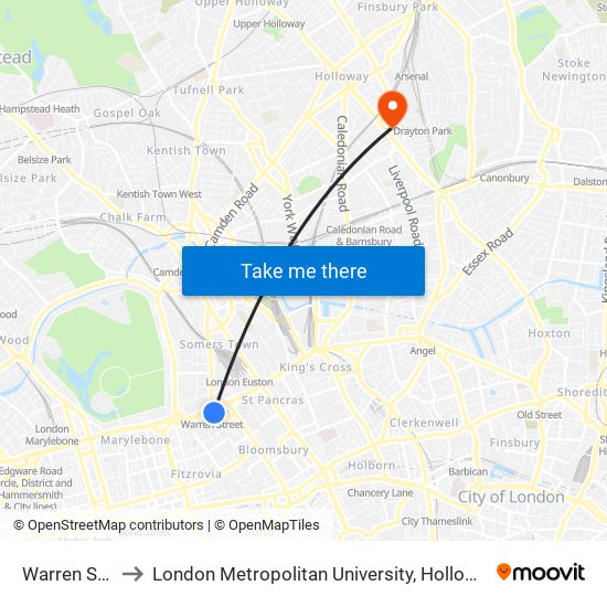 Warren Street to London Metropolitan University, Holloway Campus map