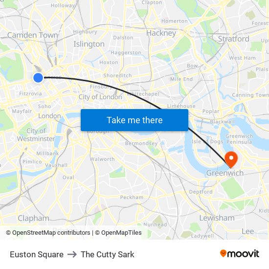 Euston Square to The Cutty Sark map
