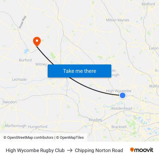 High Wycombe Rugby Club to Chipping Norton Road map