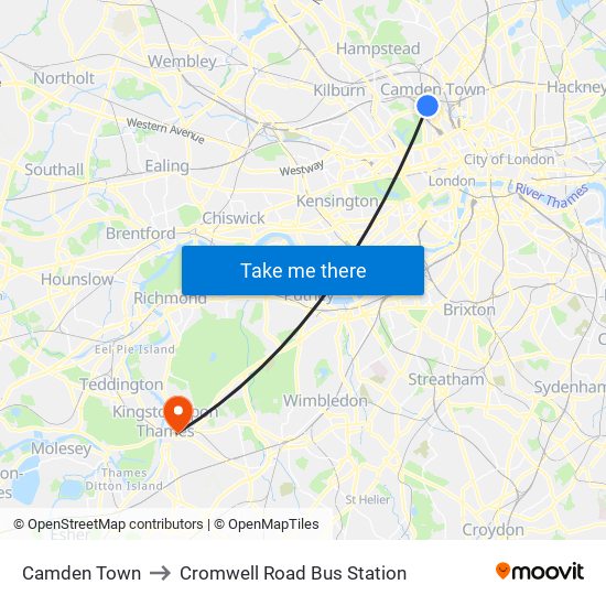 Camden Town to Cromwell Road Bus Station map