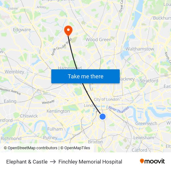 Elephant & Castle to Finchley Memorial Hospital map