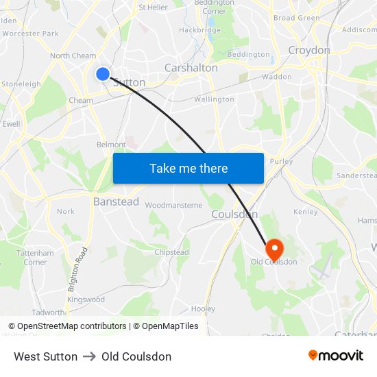 West Sutton to Old Coulsdon map