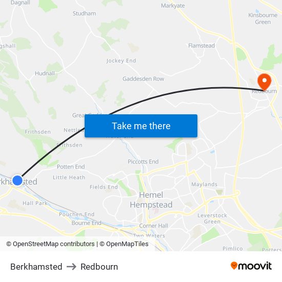 Berkhamsted to Redbourn map