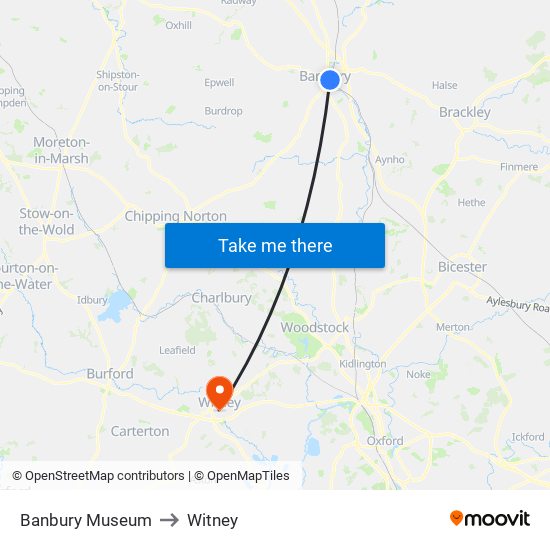 Banbury Museum to Witney map