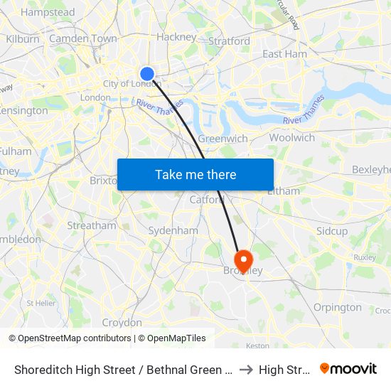Shoreditch High Street / Bethnal Green Road to High Street map