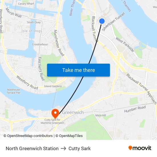 North Greenwich Station to Cutty Sark map
