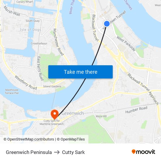 Greenwich Peninsula to Cutty Sark map